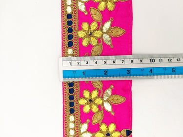 Fuchsia Pink Art Silk Fabric Trim, Blue & Gold Floral Embroidery Gota Patti Indian Sari Border Trim By Yard Decorative Trim Craft Lace
